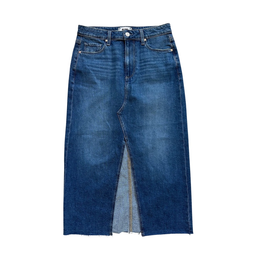 PAIGE Angela Denim Midi Skirt 26 Dark Wash Front Slit Raw Hem Stretch